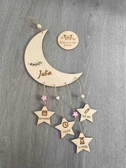 Natalicio se madera personalizado para bebé. Modelo luna