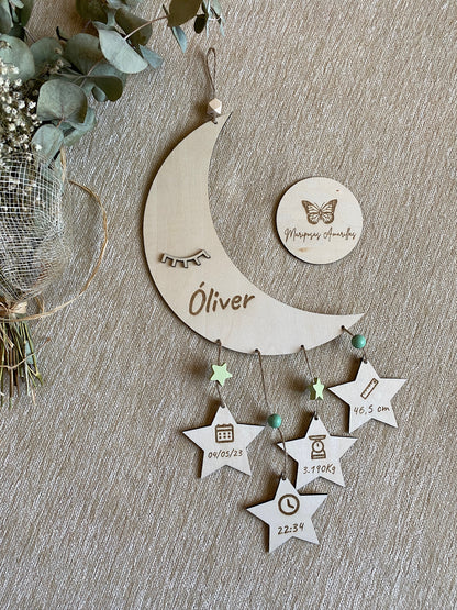 Natalicio se madera personalizado para bebé. Modelo luna