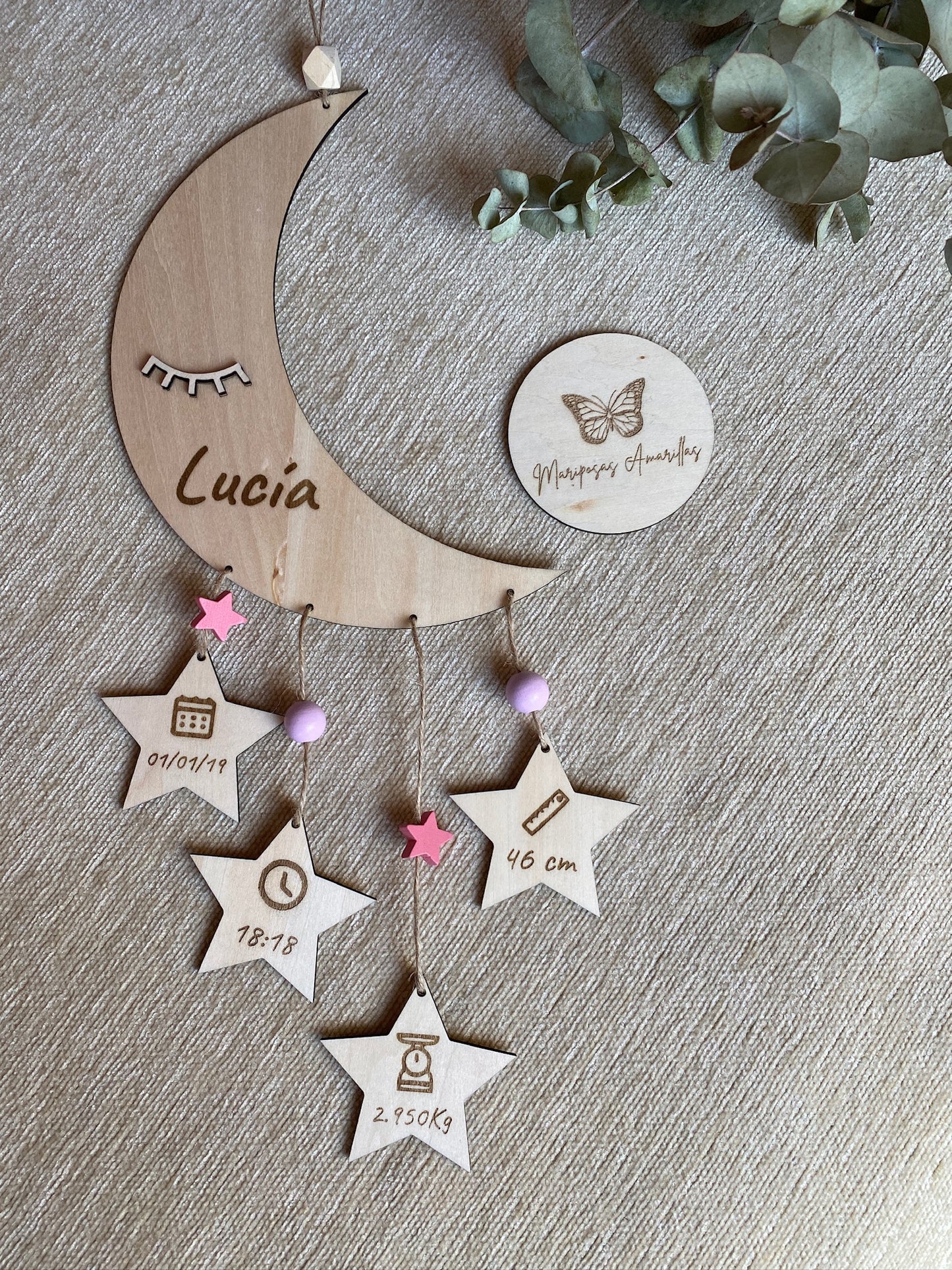 Natalicio se madera personalizado para bebé. Modelo luna